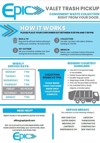 An informative poster explaining the process of the Epic Valet Trash Pickup service.